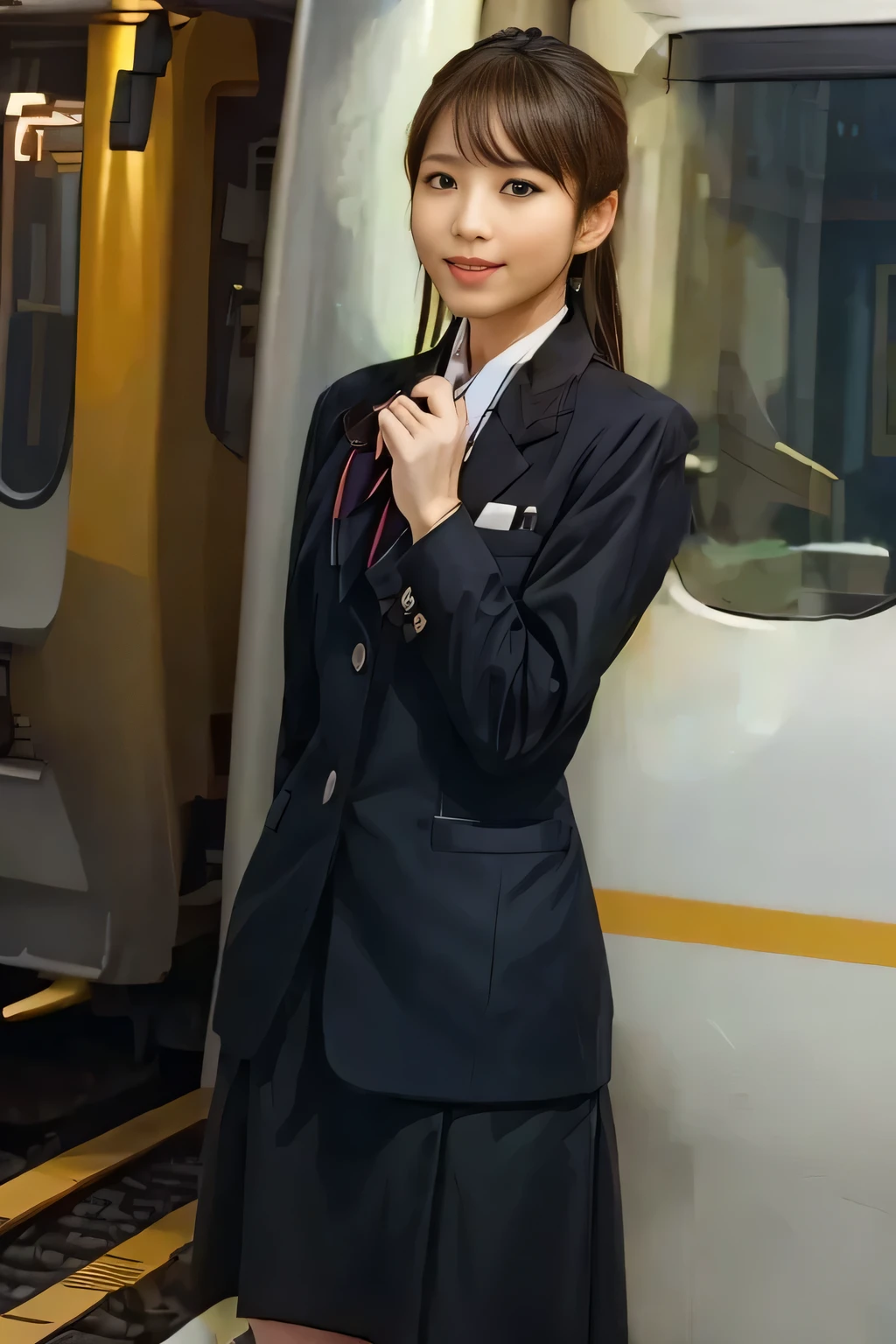 (Masterpiece:1.2, best quality :1.2), 32kHDR, High Resolution , (Alone、 1 girl)、( daytime building rooftop 、 professional lights )、Building rooftop background、(JR woman train crew Uniform blackを着たリアルスタイル)、(( JR woman train crew uniform black white blouse short sleeve 、 black knee-length wrap culottes 、 JR woman train crew uniform black long sleeve jacket、Chest scarf ))、 dark brown hair 、( long hair、 hair gathered、 hair gathered)、 dark brown hair 、Long Hit、 Big Breasts、Thin legs、(( amazing hands:2.0)),((harmonious body proportions:1.5)),((Normal limbs:2.0)),((Usually refers to:2.0)),((Normal eyes:2.0)))、smile、( JR woman train crew uniform black beautiful posture )、Hands clasped underneath