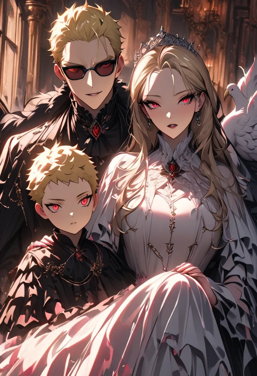 (((full-body view))), ((sexy)), ((girl and two men)), ((dark fantasy)),two mature male, 30-ish, (wide shoulder), ((no chest hair)),man with short black Quiff hair with Soft Fringe, (bangs part on side 3:7 ratio), blue eyes, upper body, short hair, looking at viewer, parted lips, round eyewear, showing a bit of muscles,(( girl with wavy hair, pale skin, long light blond hair),((light blue eyes)), freckles,(girl 18 years old),erotic posing,Gothic background, Dark fantastic view,Best Quality,masutepiece,8K,The ultimate detailed dark background, Top image quality、RAW photography、超A high resolution, overall look is very erotic, round chest, Beautiful Eyes of Details、Very slender eyes、Beautiful eyelashes、Very slim physique, with blush cheeks