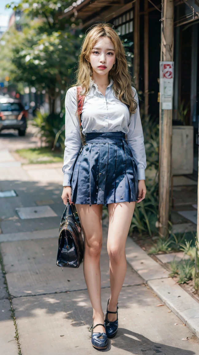 a beautiful 18 year old Japanese high school girl with perfect anatomy, healthy thighs, beautiful legs, beautiful skin, random hair color and style, large breasts, (wearing a Japanese schoolgirl uniform:1.3), (she is standing:1.2), penny loafers, holding a student bag, full body shot, standing on a city street, (best quality,4k,8k,highres,masterpiece:1.3),(extremely detailed:1.2), photorealistic, ultra-detailed, vivid colors, studio lighting, professional