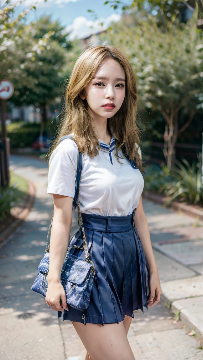 a beautiful 18 year old Japanese high school girl with perfect anatomy, healthy thighs, beautiful legs, beautiful skin, random hair color and style, large breasts, (wearing a Japanese schoolgirl uniform:1.3), (she is standing:1.2), penny loafers, holding a student bag, full body shot, standing on a city street, (best quality,4k,8k,highres,masterpiece:1.3),(extremely detailed:1.2), photorealistic, ultra-detailed, vivid colors, studio lighting, professional
