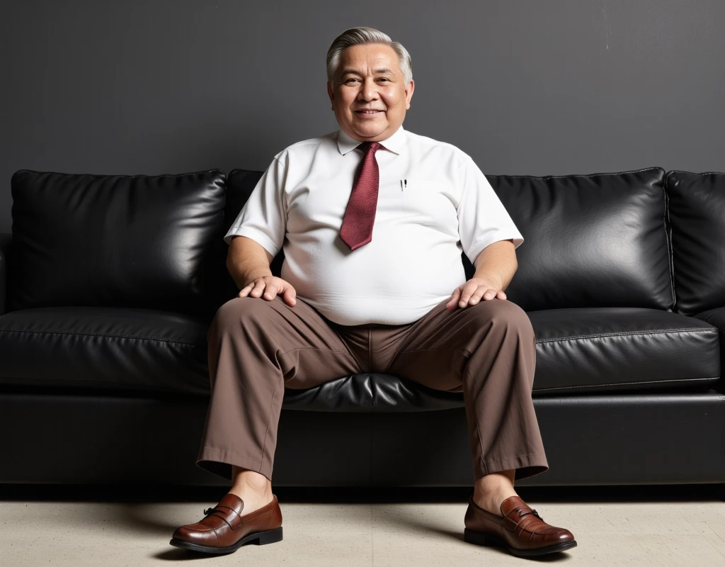 raw 4k photo, full body view, a 78 years old japanese old man, looking straight at viewer, round face, sweetest smile, big chubby fat, fat tummy short gray/white thinning hair, clean shaven, wearing white shirt and tie, a hugging tight brown colour trousers, brown loafer shoe, sit back on a big black leather sofa in his modern architecture living room, right hand grab his crotch and left hand on his thighs, Dark gray colour wall background, face looking straight at viewer, spread legs wide open, showing his small bulge, highly detailed bulge, large testicles print outline, highly detailed bulge with big penis print outline, shp highly detailed, exceptional realism, bright lighting, hyper realistic,, highly detailed, exceptional realism, highly detailed, hyper realistic 