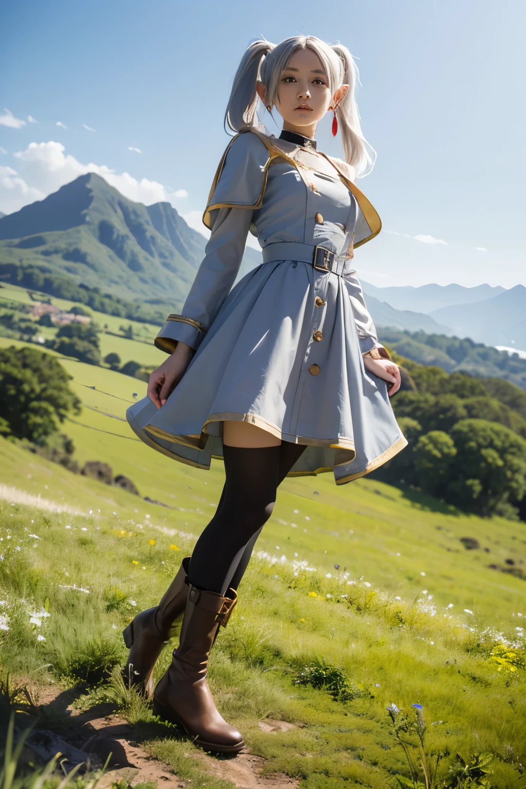 (masterpiece、The winning work 、Detailed young face:1.5)、(whole body:1.5)、16k, 32K, Elf Ears、( gray-blue twin tails:1.5)、grassland、( view from below:1.5)、 Freelen is attracting attention 。( stylish hair 、windy costume )、( It's a robe-style dress based on white 。 The dress's edges and cuffs It is decorated with gold, and 、 has luster and luster 。 I wear a short cape that is also white and gold over the dress、 have buttons on the shoulders 。 I have a black belt wrapped around the waist 、 tightens the silhouette of the dress 。 The character wears black tights and 、 I'm wearing brown boots around my feet 。The boots have buckles and 、 It's a practical and stylish design 。Overall、 is an elegant and functional outfit that matches a fantasy world 。)