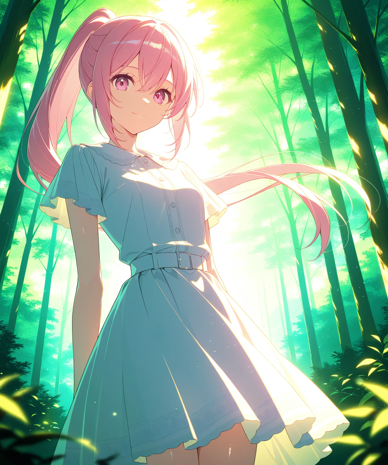 score_9, score_8_up, score_7_up, masterpiece, absurdres, source_anime,safe, 1girl, solo, adult, girl focus, adult, very detailed expressive eyes, very detailed eyes, aesthetic eyes, bright eyes, (bright pink eyes),  pink eyes, beautifully styled hair, very detailed hair, straight hair, bright pink hair, long hair, hair between eyes, (hair styled straight),  (styled ponytail), (straight hair), (straight ponytail),(slim ponytail: 1.2),styled hair,  little smile, looking at viewer, (small breasts), shiny skin, healthy skin colour, BREAK
((black and white) dress),  standing,  half body, cowboy shot, BREAK
outdoors, nature, forest, game cg professional lighting, BREAK
HDR, 8K, masterpiece, best quality, amazing quality, very aesthetic, high resolution, ultra-detailed, absurdres, newest, scenery, 
aesthetic detailed background, best quality, game cg aesthetics,
 beautiful detailed eyes, detailed skin, detailed hair, light particles,  depth of field, natural shadows, 
(masterpiece), ultra-detailed, 1024k UHD wallpaper, ultra-high resolution, depth of field, HDR, Ray tracing, RTX, high saturation, photon mapping, best texture quality, best compotitions, (extremely detailed CG 1024k wallpaper), High Details, Detailed face, Detailed Clothes, Ultra HD Photo, Perfect Face, expressive eyes, bright colours