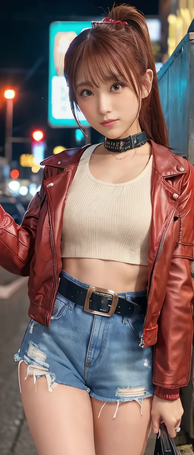 Cool Idol Girl (brown ponytail)、A pure girl's face、Tanned Thick Legs 、Red Punk Jacket 、denim punk shorts 、Metal Belt、 Cyberpunk Night City
