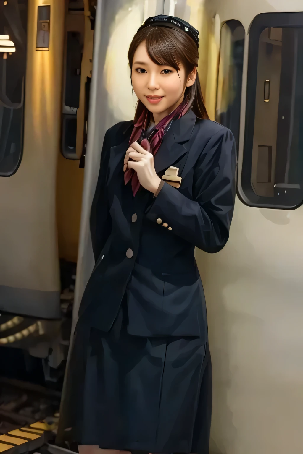 (Masterpiece:1.2, best quality :1.2), 32kHDR, High Resolution , (Alone、 1 girl)、( daytime building rooftop 、 professional lights )、Building rooftop background、(JR woman train crew Uniform blackを着たリアルスタイル)、(( JR woman train crew uniform black white blouse short sleeve 、 black knee-length wrap culottes 、 JR woman train crew uniform black long sleeve jacket、Chest scarf ))、 dark brown hair 、( long hair、 hair gathered、 hair gathered)、 dark brown hair 、Long Hit、 Big Breasts、Thin legs、(( amazing hands:2.0)),((harmonious body proportions:1.5)),((Normal limbs:2.0)),((Usually refers to:2.0)),((Normal eyes:2.0)))、smile、( JR woman train crew uniform black beautiful posture )、Hands clasped underneath
