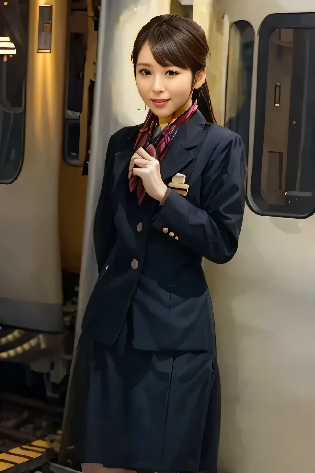 (Masterpiece:1.2,  best quality :1.2), 32kHDR,  High Resolution , (Alone、 1 girl)、（ daytime building rooftop 、 professional lights ）、Building rooftop background、（JR woman train crew Uniform blackを着たリアルスタイル）、（（ JR woman train crew uniform black white blouse short sleeve  、 black knee-length wrap culottes 、  JR woman train crew uniform black long sleeve jacket、Chest scarf ））、 dark brown hair 、（ long hair、 hair gathered、 hair gathered）、 dark brown hair 、Long Hit、 Big Breasts、Thin legs、（（ amazing hands：2.0）），（（harmonious body proportions：1.5）），（（Normal limbs：2.0）），（（Usually refers to：2.0）），（（Normal eyes：2.0））)、smile、（ JR woman train crew uniform black beautiful posture ）、Hands clasped underneath