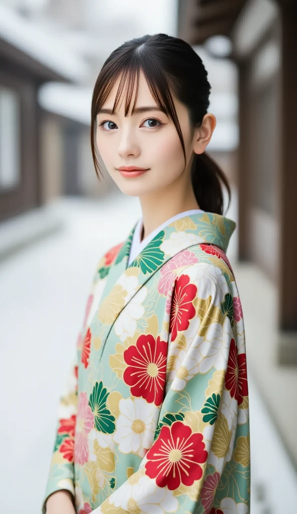 (Masterpiece,  best quality :1.2),  1 GIRL, Alone,  little chest,  coming-of- ceremony photos ,  kimono, Long-sleeved kimono, Clear posture, Healthy Photos,  snowy shrine ,  Snow Scenery , Winter protection measures ,  very cute girl, 