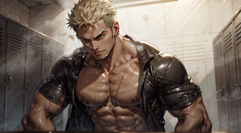 (best quality,4k,highres,masterpiece:1.2),ultra-detailed,realistic:1.37,men Roronoa Zoro,locker room,taking off clothes,handsome,athletic build,wet bodies,sweat glistening on skin,glistening muscles,rippling abs,shadows and highlights,toned backs,broad shoulders,defined jawlines,piercing eyes,dripping water drops,wet hair,sensuous lips,confidence,masculinity,charismatic smiles,eyes filled with intensity,locker decorations,steam in the air,moisture on mirrors,dimmed lighting,strong contrast,body tattoos,sleek and modern lockers,luxurious bench,shower area in the background,stainless steel accessories,steam rising,exhaust fan noise,intriguing composition,blue color tones,spotlights casting dramatic shadows,professional sports club atmosphere