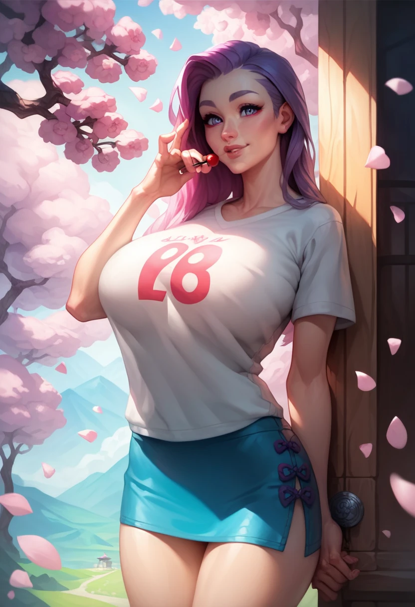 Realistic, One girl, Gray Hair, Purple eyes, Glowing Eyes, Crop top, skirt, Lips parted, blush, Flowers, sun, sunlight,