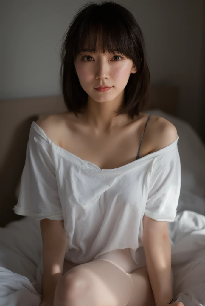 ((Extremely precise and accurate anatomy:1.0、Hands have five fingers、Five fingers on the feet)), (photo Realistic:1.4), (hyper Realistic:1.4), (最高品質のRealisticな肌の質感:1.4), (Improvement of quality:1.4), (Enhances the beauty of skin texture:1.1), Clean and glowing skin, mesh, thin:1.2, (Realistic:1.3), Realisticなライティング, (Smoother lighting:1.05), (Improving the quality of cinema lighting:0.9), Backlight, A gentle light on your face, Ray Tracing, (Bright light:1.2), 32K, One Japanese woman, fine grain, Detailed face, (Film Grain:1.1),(Accentuates body lines:1.1), High resolution, Natural look, Kind eyes, Improves hair quality, Delicate light and shadow, Transparent muscles, Graceful pose, Beautiful Eyes, Sharp details, Soft light reflection, Beautiful contours, Delicate skin tone, Fine hair texture, Natural background, Looks very lethargic、(((A loose-fitting camisole))),barefoot,One Girl,Realistic,Bedroom、Looks sleepy