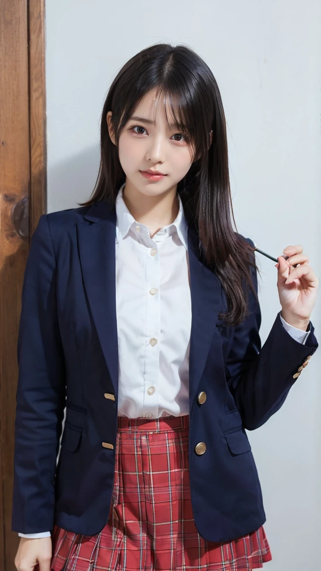  blazer uniform 、 skirt 、 standing、Masterpiece,  best quality , shape,  very detailed, Delicate details,  High Resolution , 8k, wallpaper,  perfect dynamic configuration,(High quality with great attention to detail, Realistic eye depiction :1.3), (( , 1 High  Girl  )), 、Women&#39;s Uniform、 blazer uniform 、 panties 、Navy blue knee-high socks、 garter belt、 、 Disheveled uniform , ,  short bob hair ,  black hair, Medium chest,  big natural color lip with blackboard in the background, ,  cowboy shooting ,(Perfect shape), Crying a little、 Harajuku style、Beautiful Makeup,Glitter Makeup,Cute 1,  Beautiful Legs, ,  Full Thighs 