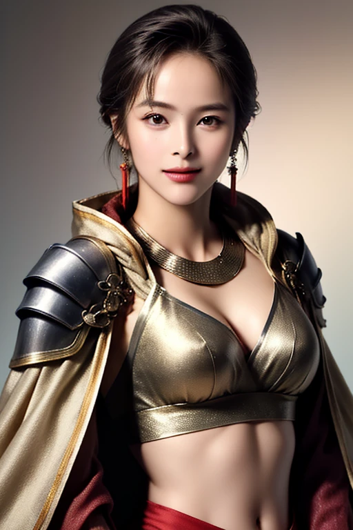 ((The upper body of a female warrior wearing gold and red light steel armor and a cloak:1.5)),1 person,  black hair,  belly shortcut   ,Big breasts and cleavage,  high-definition face and skin texture  ,  staring at the camera,   Chinese Warrior:1.2,  perfect beauty: 1.4, fine grain,  double eyelids in a judo suit ,  whitening for women with bristles, top quality ,  super high res ,  simple background，Symmetrical Normal Eyes   , hair accessories, Slim Waist ,((great general)),