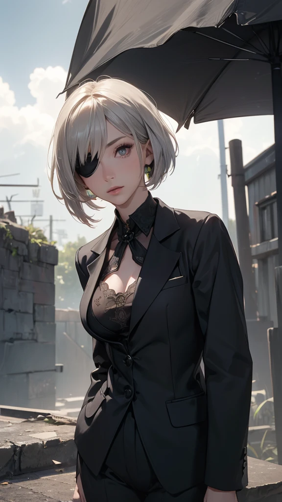 score_9, score_8_ up, score_7_ up, 32K,Masterpiece,  best quality , (( 1 GIRL))
 Photorealistic, s uper detail,  bright color,  chiaroscuro lighting ,  Cinematic Lighting,
 female 1, Inspired by Nier Automata 2B,
 bob cut,  gray hair, bangs,  moles around the mouth,  Blindfold ,
(( business suits :1.6)),
Ruins,  devastated world,  ruined city, Dark cloudy sky,
 seductive poses, Dramatic angle,