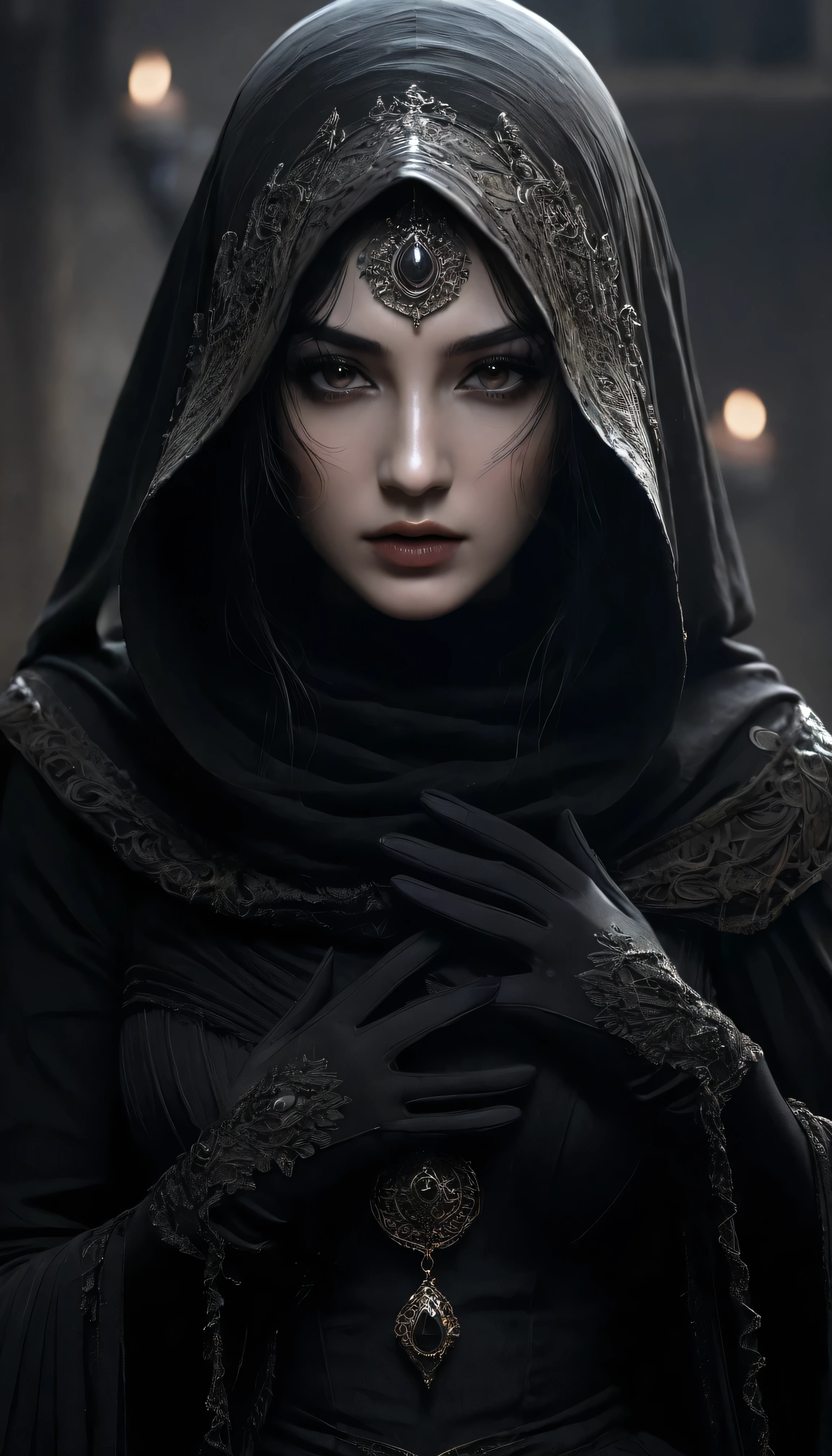 Completely black screen, absolutely nothing, pure black, detailed, but the Pythia rises from the shadows, her form cloaked in tattered rags of ashen gray, each thread whispering tales of forgotten sorrow, FastNegativeV2, gloom, black gloves, beautiful face, black tights,