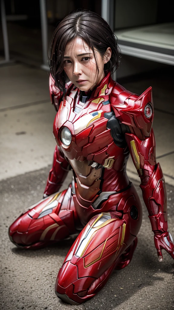  best quality 　8k red armor　 Iron Man suit　Middle-aged woman　　Sweaty face　　 short hair　　 steam is coming out of my head 　My hair is wet with sweat　 black hair　(( falls to the ground)) Dying　injury　  Full Body Portrait 　Only the face is exposed　