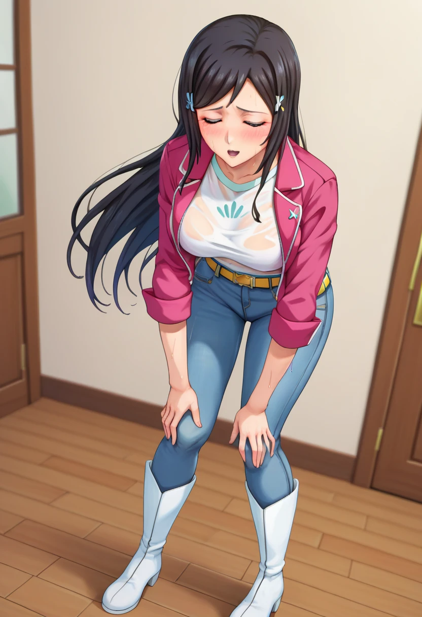 sfw, erotic, ultra detailed,beautiful face,detailed background,detailed face,4k,HD,8k,highres,antialiasing,detailed,texture BREAK orihime,1girl,solo, ((see through clothes)), (wet clothes), long hair, ((bluish white shirt)), tight pants, beautiful ass, jean pants, (((dark blue jeans))), (beautiful white boots), ((boots)), ((leather jacket)), ((pink leather jacket,)) open leather jacket, belt on waist, (belt), cute belt, yellow belt, belt at waist, black hair,grey eyes,hairclip,t-shirt,inoue orihime, wide hips, (full body shot), (((front view))), dutch angle, room,room background, (standing up), (bending forward), (((hands touching knees))), exhausted, heavy breathing, moaning, aroused, blushing, worried expression, (eyes closed), mouth open, in peril, wet, sweating