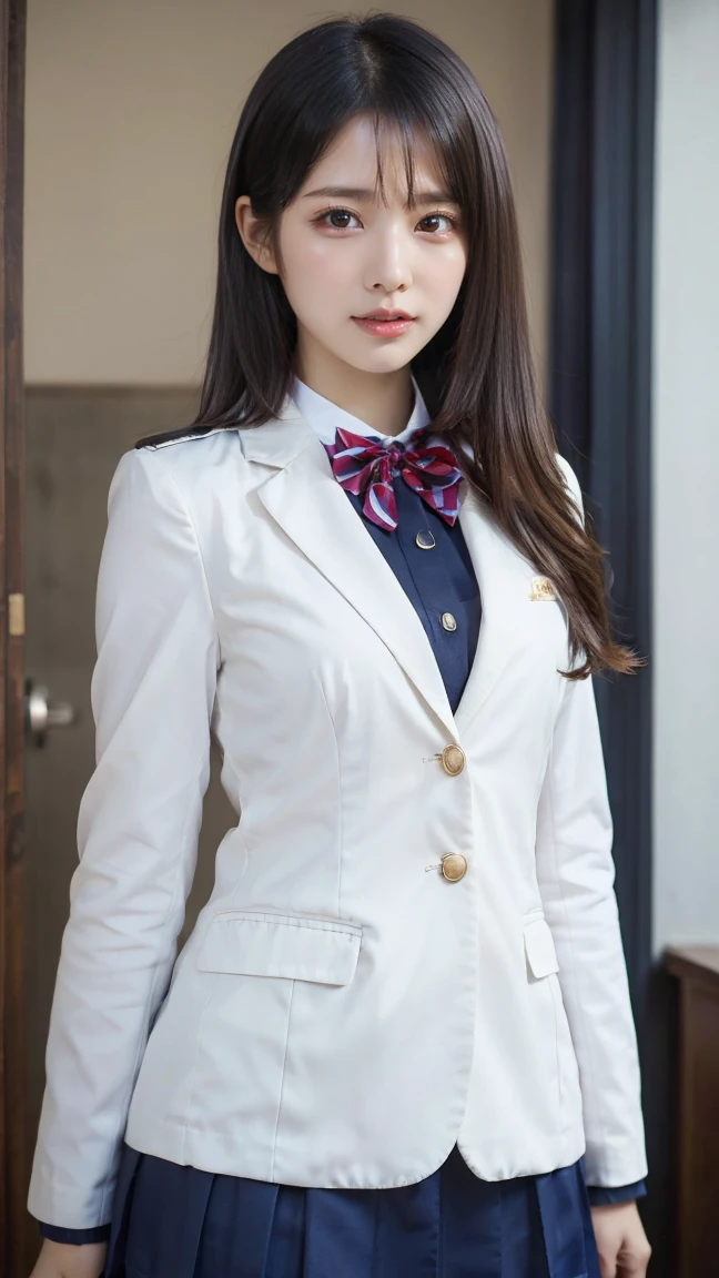  blazer uniform 、 skirt 、 standing、Masterpiece,  best quality , shape,  very detailed, Delicate details,  High Resolution , 8k, wallpaper,  perfect dynamic configuration,(High quality with great attention to detail, Realistic eye depiction :1.3), (( , 1 High  Girl  )), 、Women&#39;s Uniform、 blazer uniform 、 panties 、Navy blue knee-high socks、 garter belt、 、 Disheveled uniform , ,  short bob hair ,  black hair, Medium chest,  big natural color lip with blackboard in the background, ,  cowboy shooting ,(Perfect shape), Crying a little、 Harajuku style、Beautiful Makeup,Glitter Makeup,Cute 1,  Beautiful Legs, ,  Full Thighs 