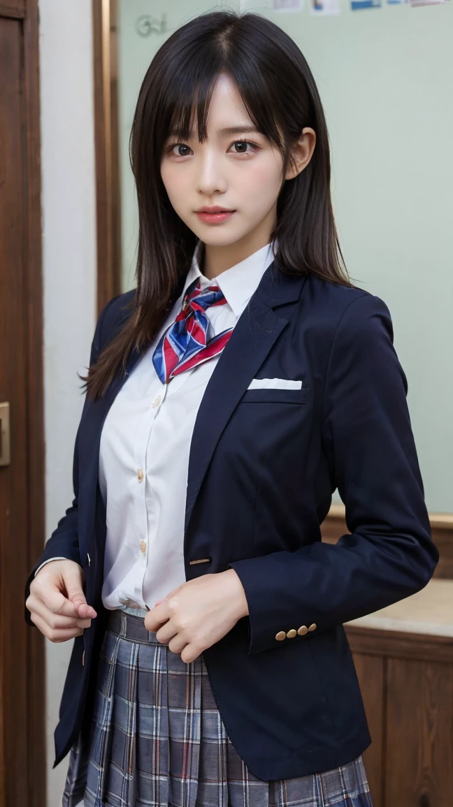  blazer uniform 、 skirt 、 standing、Masterpiece,  best quality , shape,  very detailed, Delicate details,  High Resolution , 8k, wallpaper,  perfect dynamic configuration,(High quality with great attention to detail, Realistic eye depiction :1.3), (( , 1 High ****** Girl  )), 、Women&#39;s Uniform、 blazer uniform 、 panties 、Navy blue knee-high socks、 garter belt、 、 Disheveled uniform , ,  short bob hair ,  black hair, Medium chest,  big natural color lip with blackboard in the background, ,  cowboy shooting ,(Perfect shape), Crying a little、 Harajuku style、Beautiful Makeup,Glitter Makeup,Cute 1,  Beautiful Legs, ,  Full Thighs 