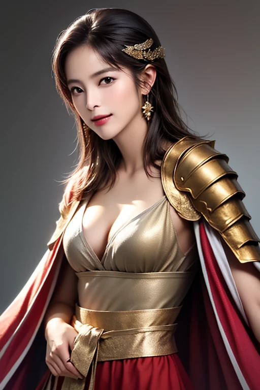 ((The upper body of a female warrior wearing gold and red light steel armor and a cloak:1.5)),1 person,  black hair,  belly shortcut   ,Big breasts and cleavage,  high-definition face and skin texture  ,  staring at the camera,   Chinese Warrior:1.2,  perfect beauty: 1.4, fine grain,  double eyelids in a judo suit ,  whitening for women with bristles, top quality ,  super high res ,  simple background，Symmetrical Normal Eyes   , hair accessories, Slim Waist ,((great general)),