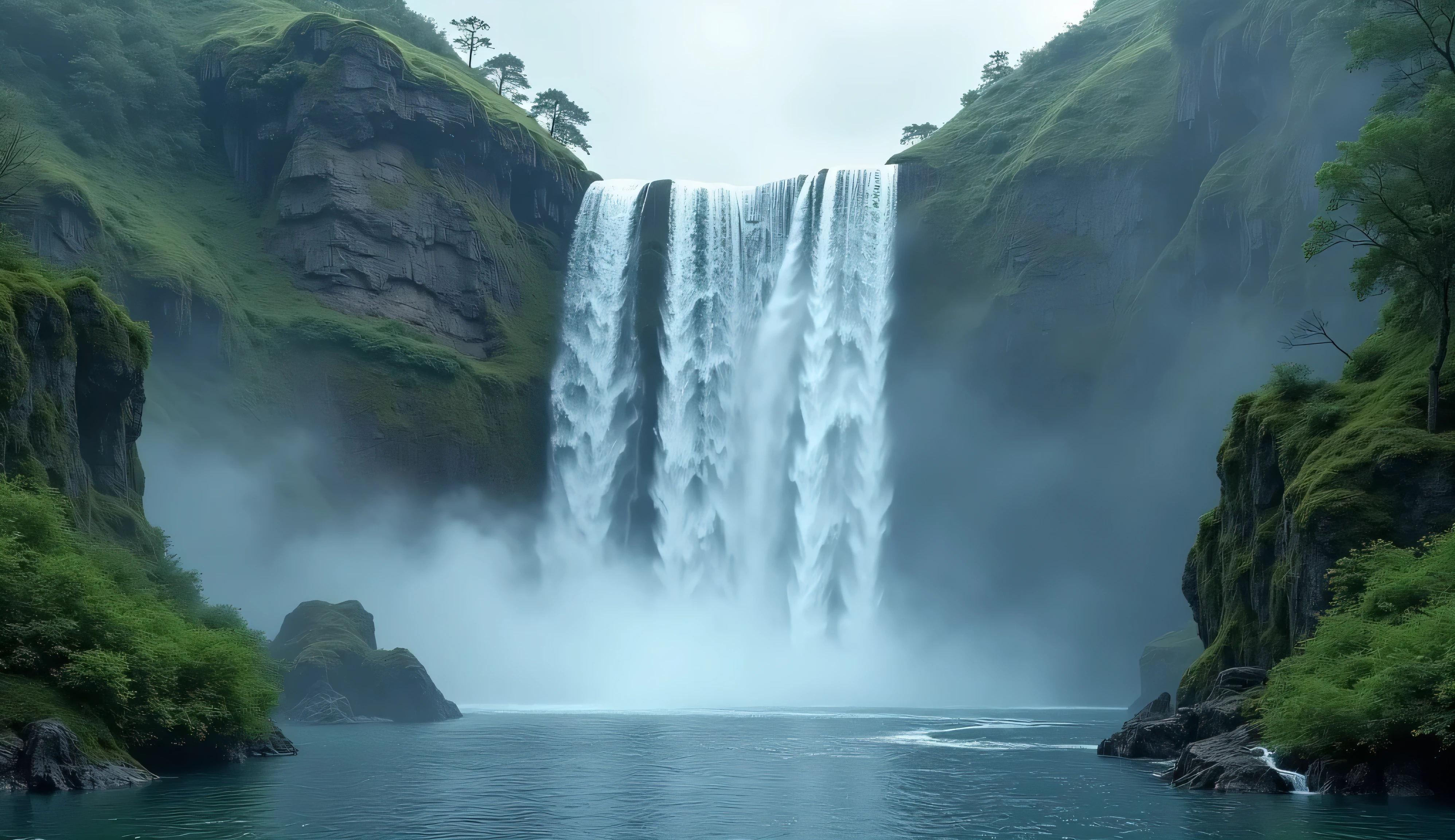 There is a waterfall that is flowing down the side of a mountain ...