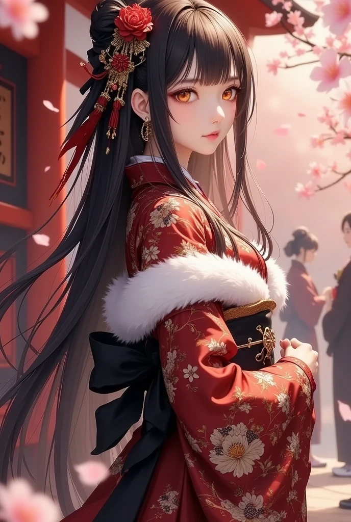 a beautiful young female in a traditional japanese kimono, , full body, (Long-sleeved kimono, Fur shawl), (female with long black hair), orange eyes, creating a vibrant impression, away from the camera, anatomically correct, first visit of the year to a shrine, visiting a shrine, detailed facial features, elegant pose, intricate kimono pattern, cherry blossom petals falling, warm lighting, detailed background, photorealistic, award winning digital art