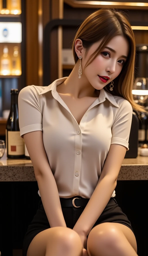 masterpiece, highest quality, Realistic, Very detailed, Finer details, High resolution, 8k wallpaper, One beautiful woman, Wear an elegant see-through shirt, In a great restaurant, At night, Light brown, messy mid-length hair, Perfect dynamic composition, Beautiful and beautiful eyes、Big earrings、Sitting in a chair、Sleeveless shirt、
