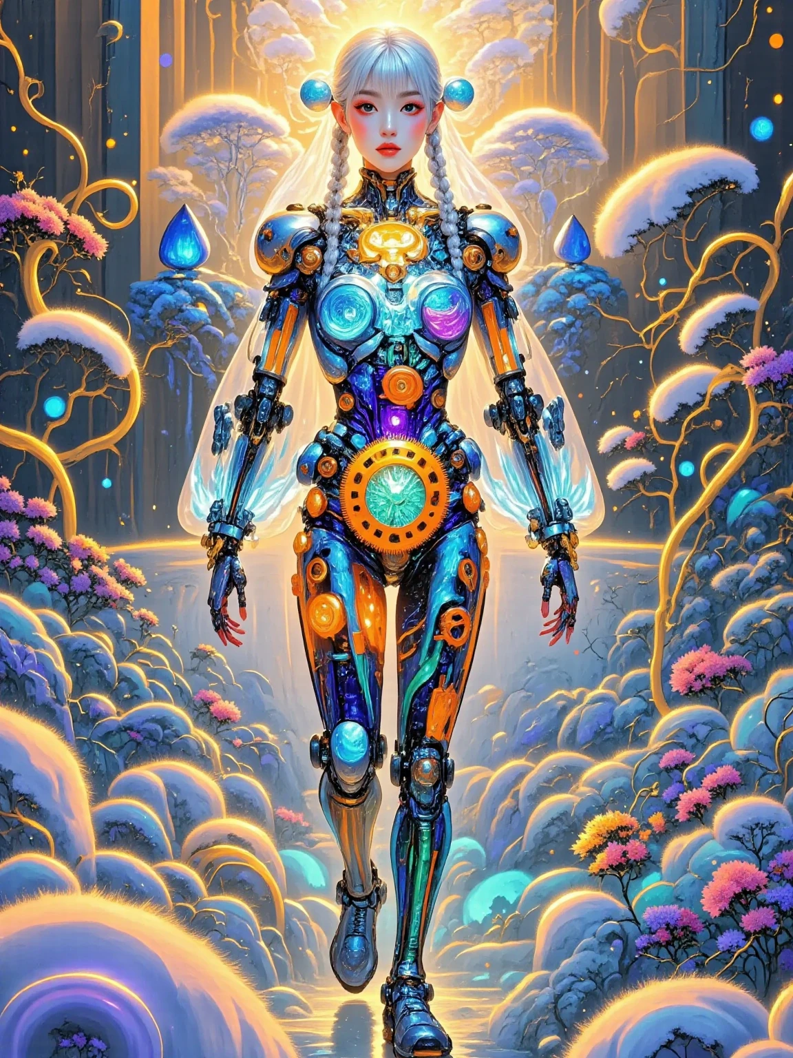 realistic real life Portrait, a walking mecha woman, wearing a crystal clear mecha suit, Hyper-Reality, Early twenties, glowing armor plate, blue cyberpunk glowing dress, perfect chin line transparent translucent glowing wings spread high and high, Open torso, glowing transparent blue mecha suit, realistic facial features, with long bleached blond braids draped in, blue eyes, Supermodel physique, burgundy lips , rose eyeshadow , Mascara , plumeria tattoo on her arm , a little egg flower in her hair , small neon blue butterflies on the shoulders , transparent translucent armor Cyberpunk style , Cyberpunk style , cyberpunk alley in the background , Graffiti Wall , sunset time , colorful tones , Futurism , vintage car on the street with lights on , wearing pastel light blue Converse All-Star shoes , Glowing Tattoo, 1smjx1 