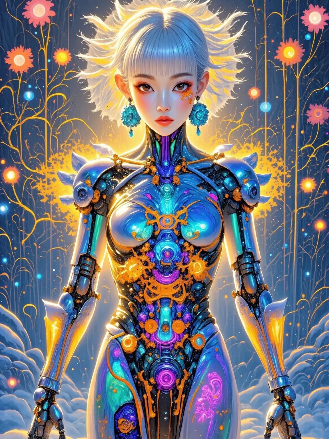 realistic real life Portrait, a walking mecha woman, wearing a crystal clear mecha suit, Hyper-Reality, Early twenties, glowing armor plate, blue cyberpunk glowing dress, perfect chin line transparent translucent glowing wings spread high and high, Open torso, glowing transparent blue mecha suit, realistic facial features, with long bleached blond braids draped in, blue eyes, Supermodel physique, burgundy lips , rose eyeshadow , Mascara , plumeria tattoo on her arm , a little egg flower in her hair , small neon blue butterflies on the shoulders , transparent translucent armor Cyberpunk style , Cyberpunk style , cyberpunk alley in the background , Graffiti Wall , sunset time , colorful tones , Futurism , vintage car on the street with lights on , wearing pastel light blue Converse All-Star shoes , Glowing Tattoo, 1smjx1 