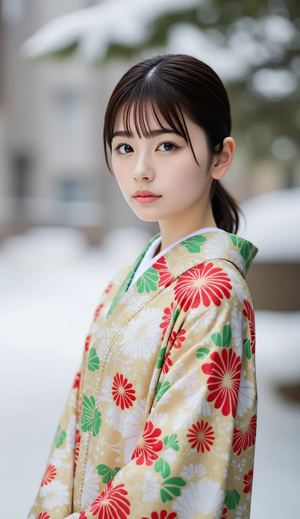 (Masterpiece,  best quality :1.2),  1 GIRL, Alone,  little chest,  coming-of- ceremony photos ,  kimono, Long-sleeved kimono, Clear posture, Healthy Photos,  snowy shrine ,  Snow Scenery , Winter protection measures ,  very cute girl, 