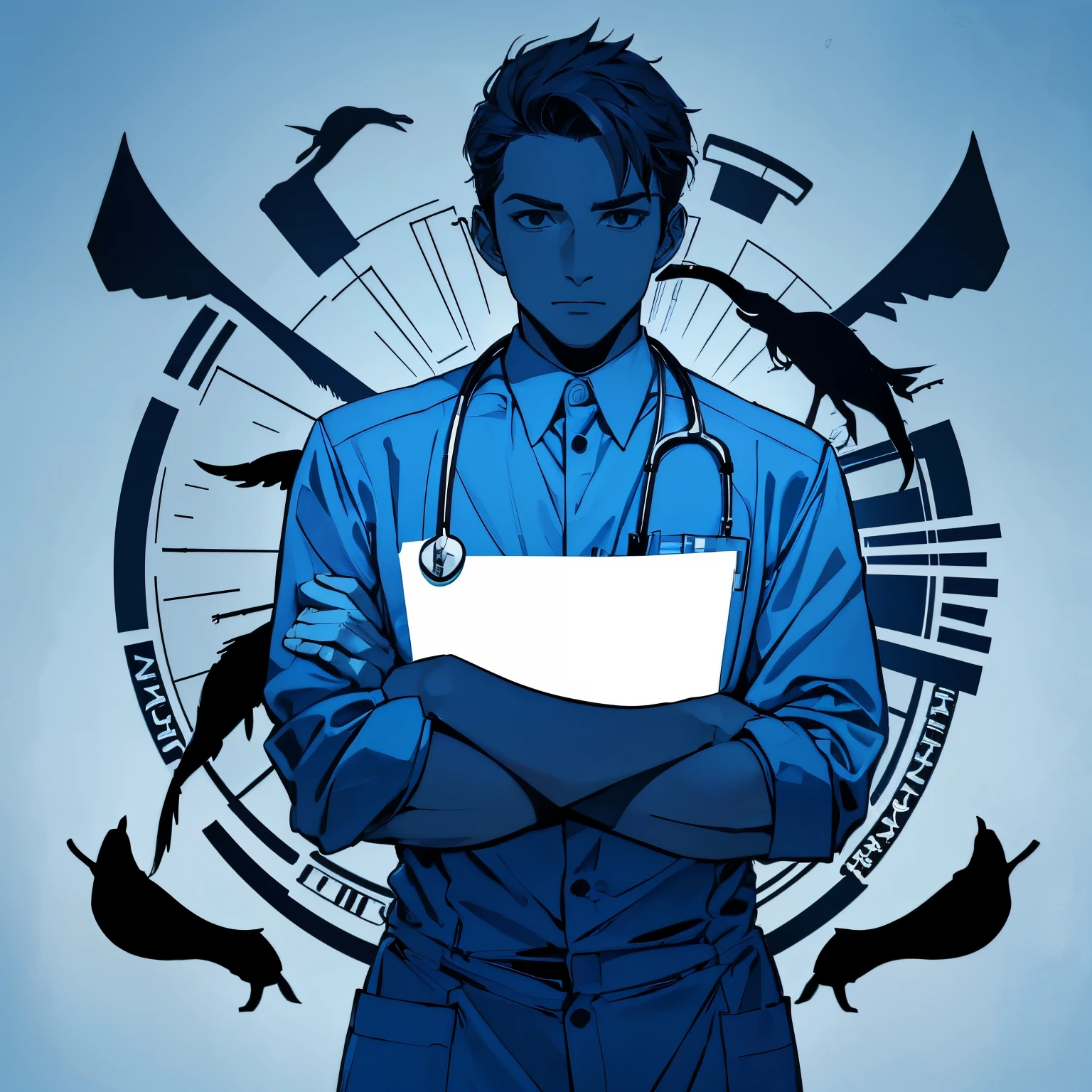 A stylish and professional logo design featuring the silhouette of a male nurse with crossed arms, inspired by the reference image. The silhouette includes additional elements like a stylized intestine in the background and a stethoscope integrated into the design. The color scheme is predominantly navy blue to light blue, creating an elegant and modern feel. The male nurse silhouette conveys confidence and skill, appealing to urban women aged 30-40. The logo should have a sleek, minimalist style suitable for use on business cards and landing pages. Ensure the overall design balances professionalism and approachability, with a focus on the concept of health and wellness.