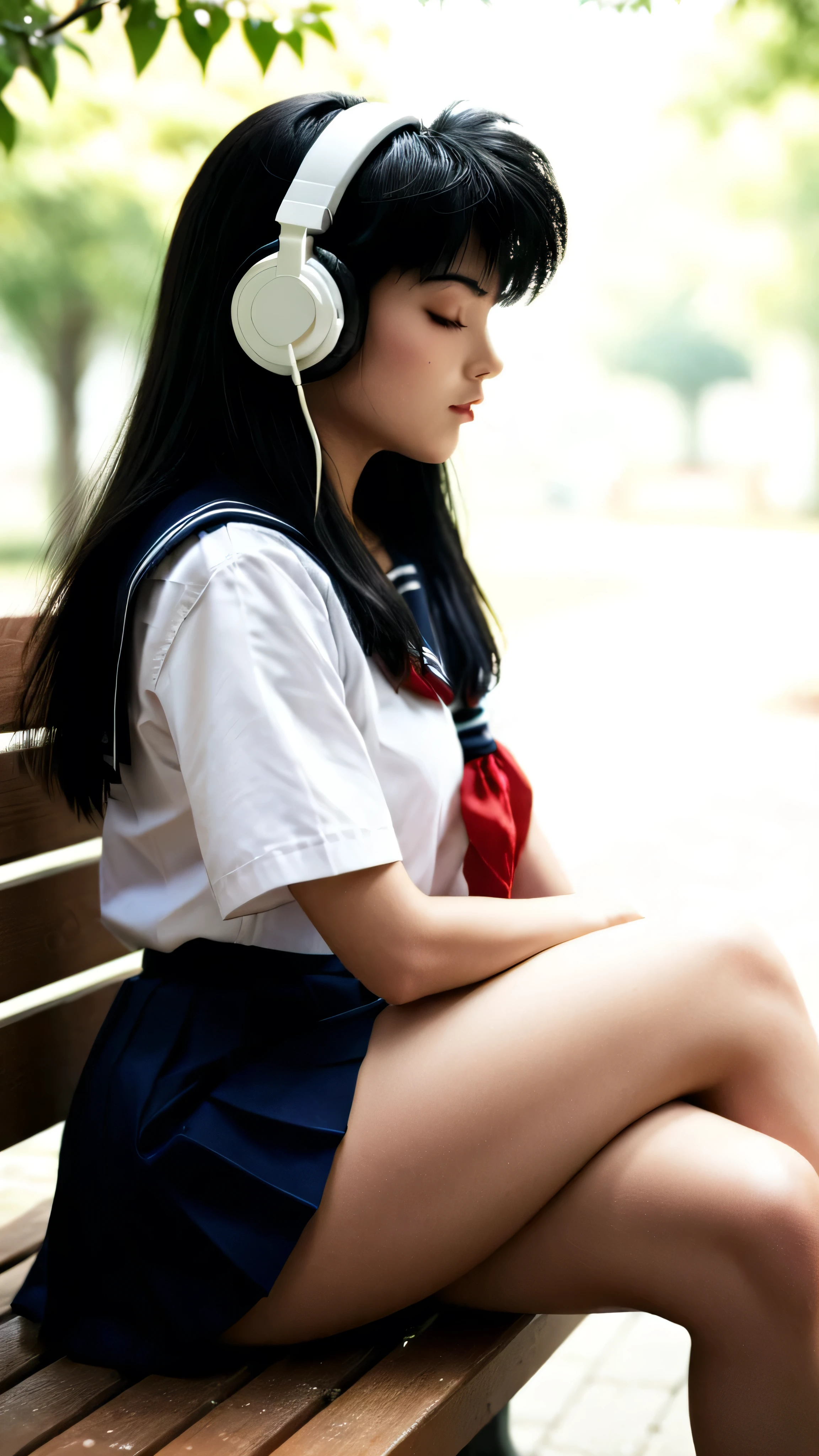Kagome Higurashi chan / inuyasha, Black hair, A woman , very serious , long straight black hair, closed mouth , eyes closed , with headphones in their ears , she opted for a school uniform, small breasts, Not suitable for work , big ass, thick and voluptuous thighs, wide hips , sitting on a bench in the park, crossed legs , from the side