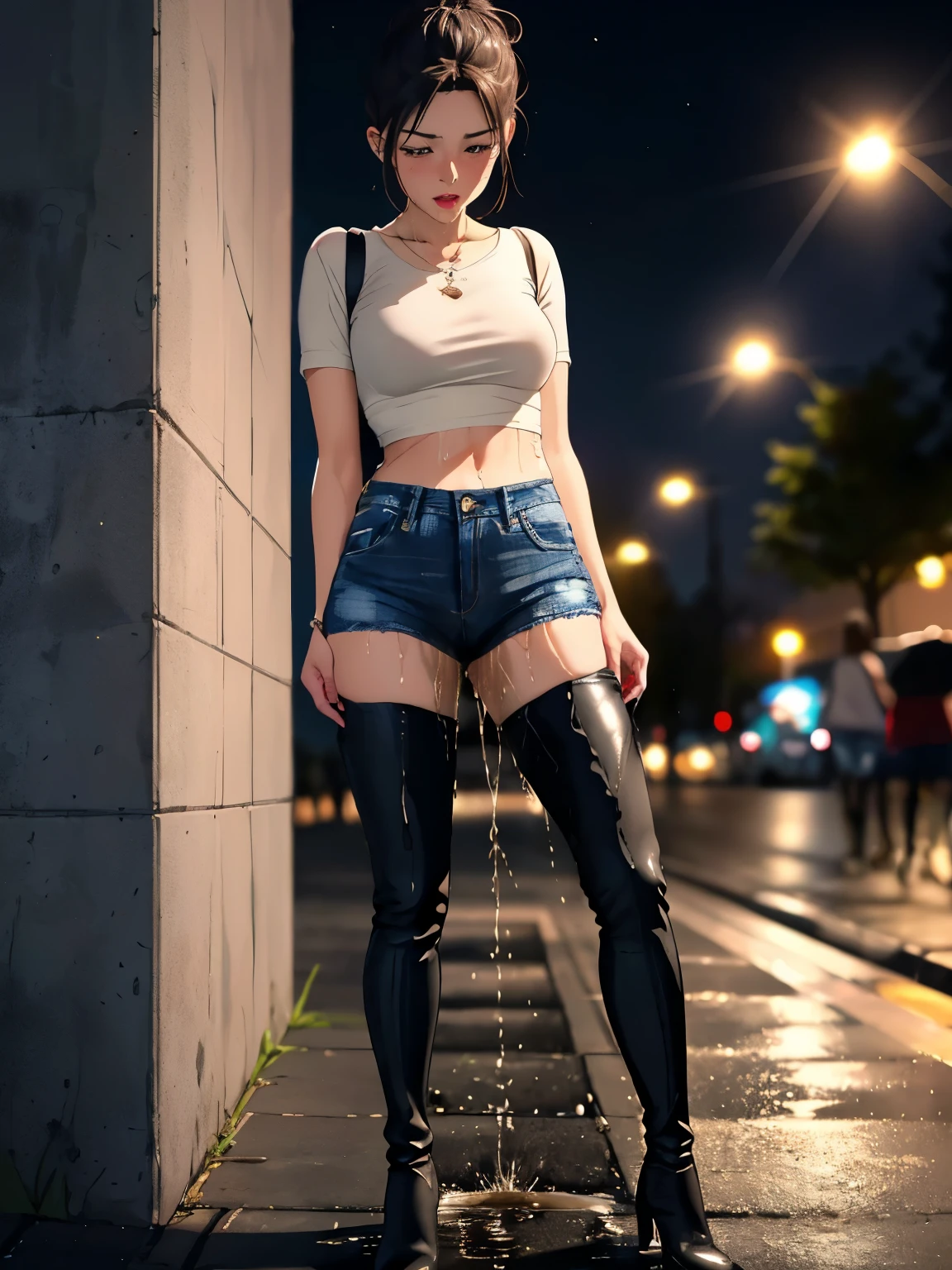 ((best quality, masterpiece:1.3, 8K)), (detailed), highly detailed face and skin texture, detailed eyes, downtown, rain. raining, in the rain, full body, seductive pose, slender body, 1girl, 25 years old, white skin, blue eyes, bright lips, seductive smile, blonde hair, straight hair, very long hair, wet hair, (forehead:1.0), no sleeves, navel, white croptop, hard nipples, jeans pants, (flares jeans:1.5), blue jeans, black heels, soaking wet clothes,