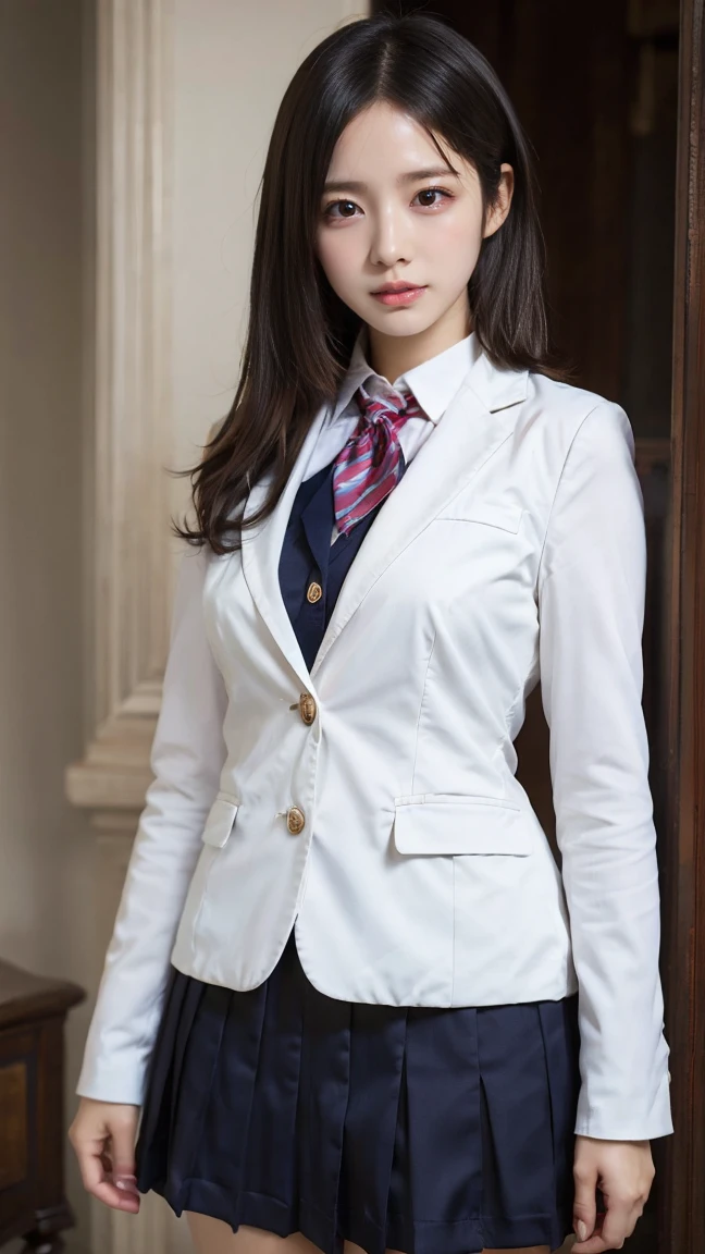  blazer uniform 、 skirt 、 standing、Masterpiece,  best quality , shape,  very detailed, Delicate details,  High Resolution , 8k, wallpaper,  perfect dynamic configuration,(High quality with great attention to detail, Realistic eye depiction :1.3), (( , 1 High School Girl  )), 、Women&#39;s Uniform、 blazer uniform 、 panties 、Navy blue knee-high socks、 garter belt、 、 Disheveled uniform , ,  short bob hair ,  black hair, Medium chest,  big natural color lip with blackboard in the background, ,  cowboy shooting ,(Perfect shape), Crying a little、 Harajuku style、Beautiful Makeup,Glitter Makeup,Cute 1,  Beautiful Legs, ,  Full Thighs 