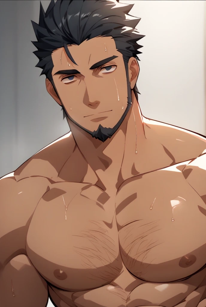 Asuma Sarutobi, short hair, muscle, shirtless, sweaty, empty eyes, dazed expression, blank stare, hypnotized, brainwashed, hairy chest