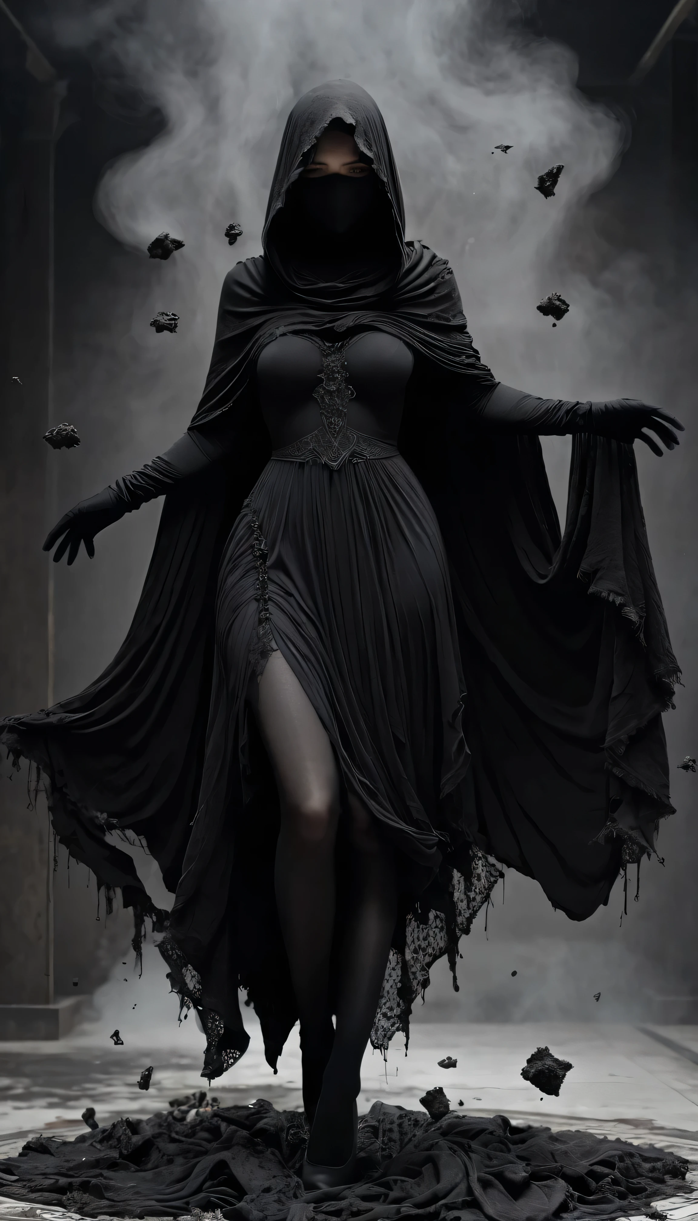 Completely black screen, absolutely nothing, pure black, detailed, but the Pythia rises from the shadows, her form flying cloaked in tattered rags of ashen gray, each thread whispering tales of forgotten sorrow, FastNegativeV2, gloom, black gloves, faceless, black tights, floating in the air dress, floating in the air clothes, perfect breast,