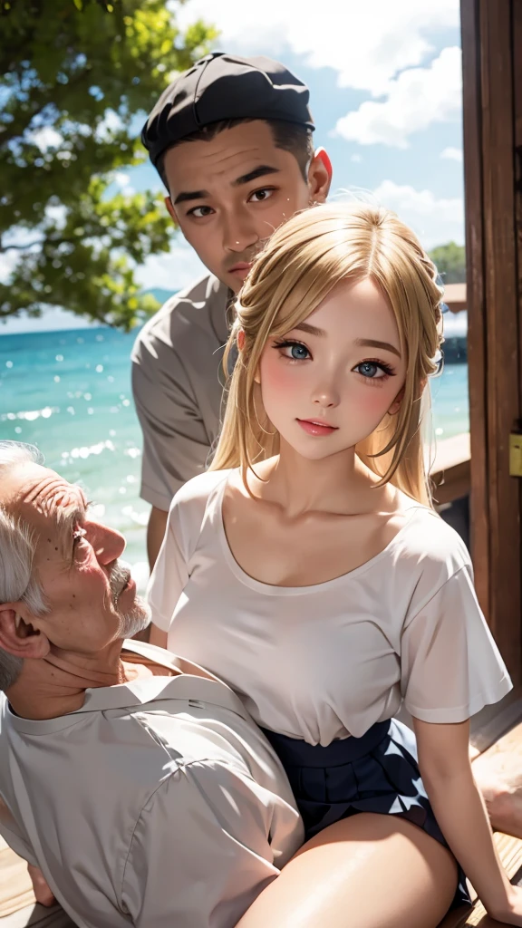 (A high school girl sitting on old male:1.4), ((Highest quality)), ((masterpiece)), (detailed), Braided long hair, ((Blonde)), (reverse upright straddle:1.3), (girl on top), (old man behind the girl:1.4), (licking), Very cute eyes, False eyelashes, (((Watery eye))), (surprised), (She's in trouble), Glossy thick lips, Glowing White Skin, Pleated skirt, outside, moonlight, shooting star, Wind