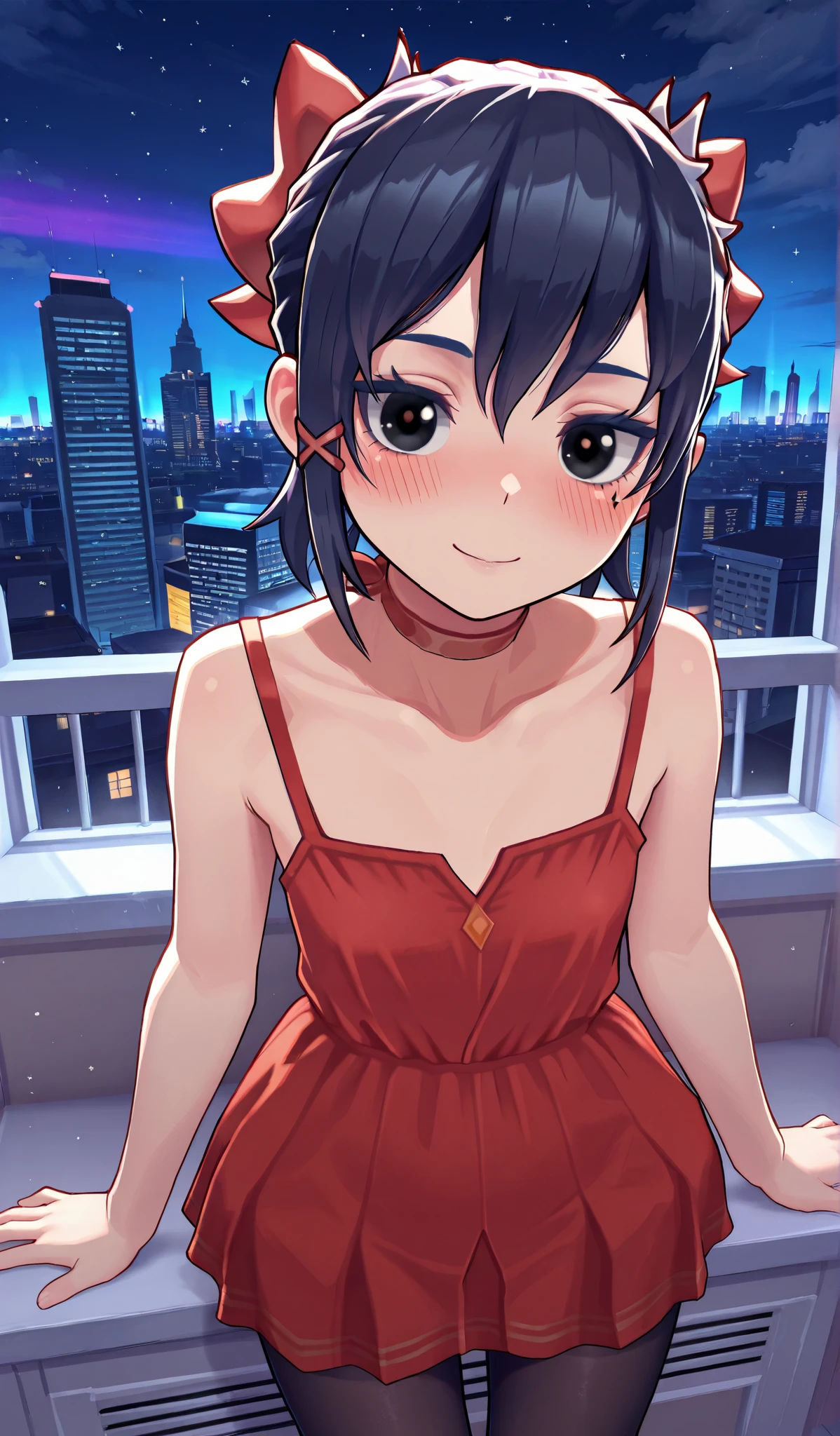 (TinyMita), (dark blue hair),(presilha  lado direito do cabelo,small, short, (**li), cute smile, blush, (black eyes), undercut hairstyle, masterpiece, pantyhose, TinyMita, 1girl, rosto fofo(black eyes), hair bow, red dress skirt, masterpiece,8k, high resolution, city at night, neon colored lighting,