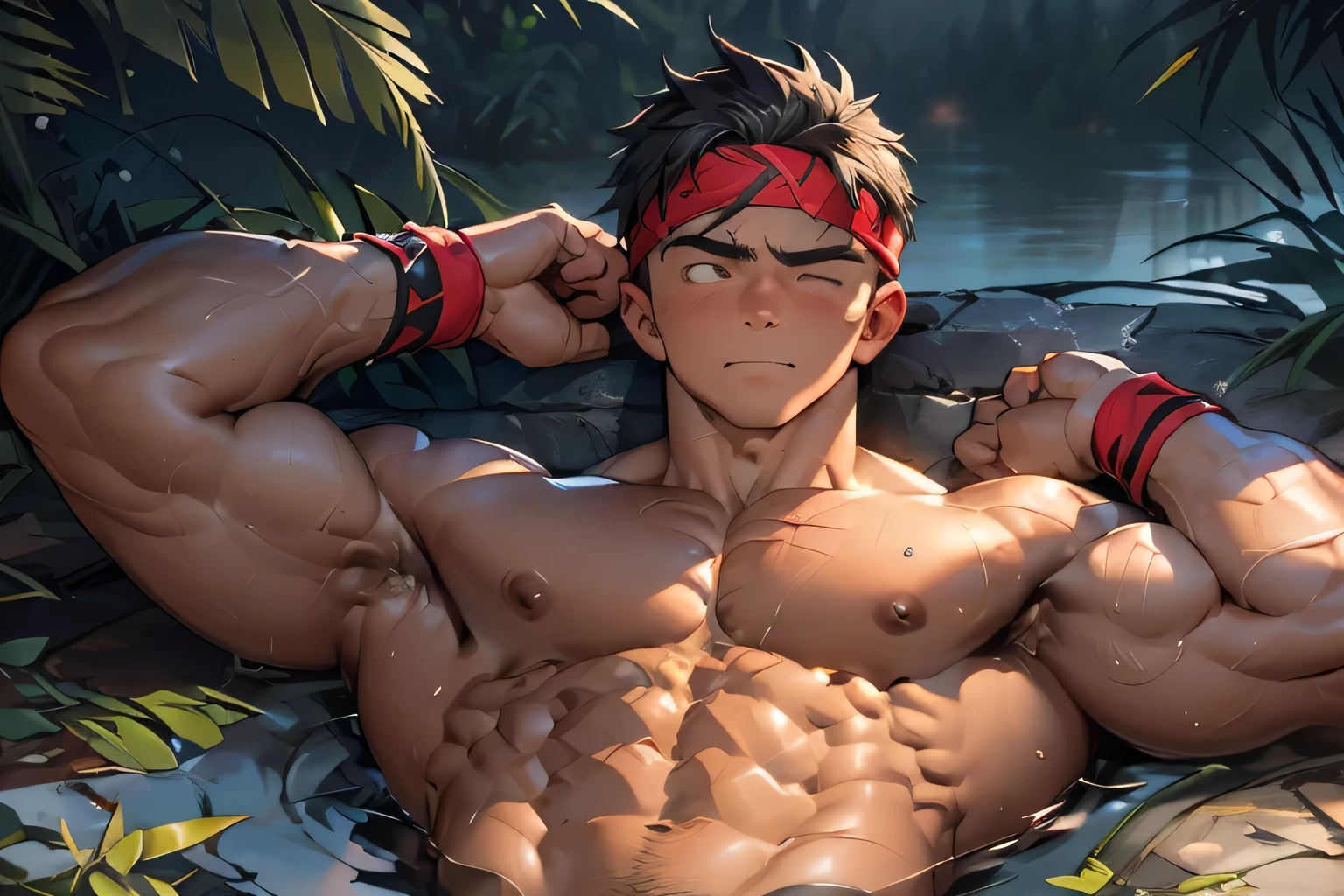 ((masterpiece, best quality)), (((((deep night, upper body, shoot from front, Wounded, exhausted, lying on one's back, lying down, clenching one's teeth, groggy, weak, relax))))), (19 year old boy, worm eyes, Young boy, muscler, Shirtless, topless), ((((1boy, solo, flesh, tough, reliable, developed body)))), (Dark Short straight hair, ((almost completely shaved hair)), under cut), (((red headband, black wristband))), Vivid colors, ((big breast:1.2, big shoulder:1.2, muscular body, sturdy body, defined round and fleshy pecs, defined round and fleshy ABS, defined round and fleshy armsmuscular:1.2, well-defined muscles, developed body, toned weist, shouldermuscler:1.2)), muscler!, muscler body, detailed face, detailed muscle, (((rippling muscles)))