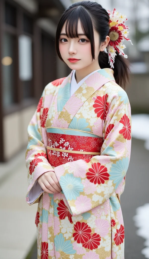 (Masterpiece,  best quality :1.2),  1 GIRL, Alone,  little chest,  coming-of-*** ceremony photos ,  kimono, Long-sleeved kimono, Clear posture, Healthy Photos,  snowy shrine ,  Snow Scenery , Winter protection measures ,  very cute girl, 