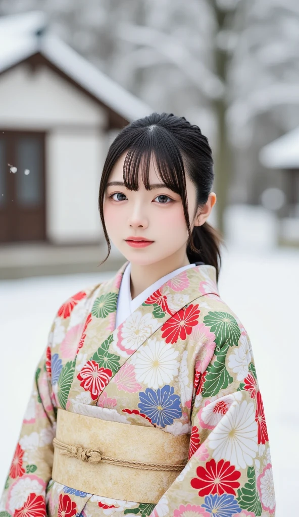 (Masterpiece,  best quality :1.2),  1 GIRL, Alone,  little chest,  coming-of-age ceremony photos ,  kimono, Long-sleeved kimono, Clear posture, Healthy Photos,  snowy shrine ,  Snow Scenery , Winter protection measures ,  very cute girl, 