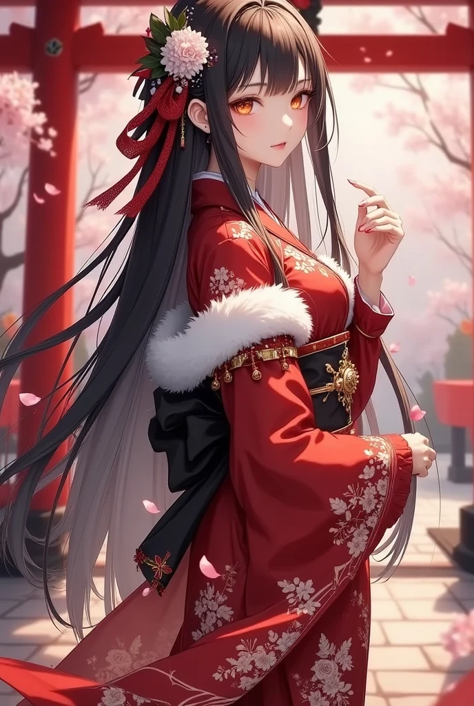 a beautiful young female in a traditional japanese kimono, Japanese sandals, full body, (Long-sleeved kimono, Fur shawl), (female with long black hair), orange eyes, (big_chest), Cute, Drunk eyes, , Good anatomy, Glasses, creating a vibrant impression, away from the camera, anatomically correct, first visit of the year to a shrine, visiting a shrine, detailed facial features, elegant pose, intricate kimono pattern, cherry blossom petals falling, warm lighting, detailed background, photorealistic, award winning digital art