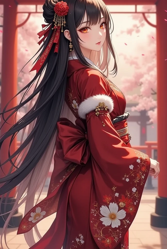 a beautiful young female in a traditional japanese kimono, Japanese sandals, full body, (Long-sleeved kimono, Fur shawl), (female with long black hair), orange eyes, (big_chest), Cute, Drunk eyes, , Good anatomy, Glasses, creating a vibrant impression, away from the camera, anatomically correct, first visit of the year to a shrine, visiting a shrine, detailed facial features, elegant pose, intricate kimono pattern, cherry blossom petals falling, warm lighting, detailed background, photorealistic, award winning digital art