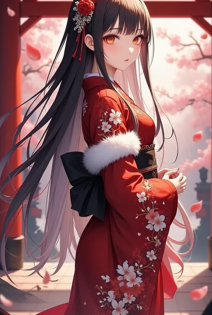 a beautiful young female in a traditional japanese kimono, Japanese sandals, full body, (Long-sleeved kimono, Fur shawl), (female with long black hair), orange eyes, (big_chest), Cute, Drunk eyes, , Good anatomy, Glasses, creating a vibrant impression, away from the camera, anatomically correct, first visit of the year to a shrine, visiting a shrine, detailed facial features, elegant pose, intricate kimono pattern, cherry blossom petals falling, warm lighting, detailed background, photorealistic, award winning digital art