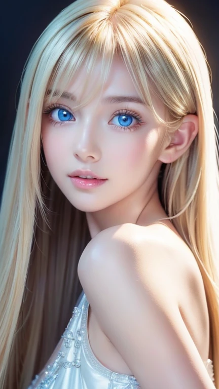 Highest quality、masterpiece、(Realistic:1.4)、One very beautiful blonde girl、Dazzlingly long, super long straight silky platinum blonde、Bangs between the eyes、bangs on the face、Big, very bright light blue eyes that shine so beautifully、Very big eyes、front、Detailed face、Beautiful Eyes、Very white and bright, beautiful skin、Small Face Beauty、 beautiful girl、Cheek gloss highlighter、Round face