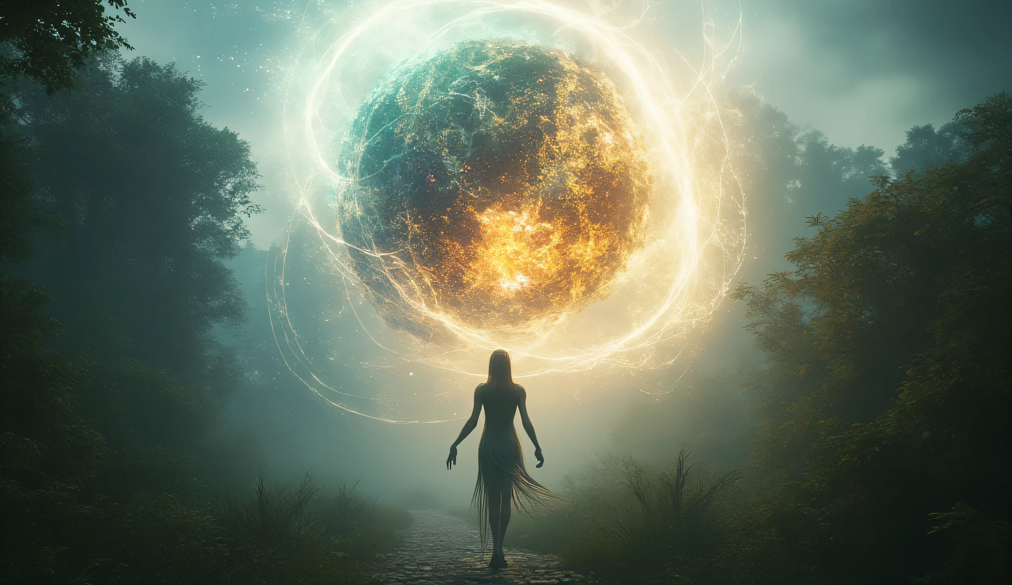 A bright sphere of fusion of elements resembling an atom of 4 elements. Fire, water, air and earth. She's in the middle of the jungle. White sky, fog. Horror