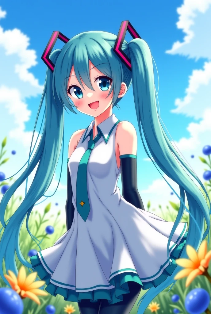 A Hatsune Miku com um vestdo branco com detalhes de blueberry ( Blueberry ) and have white in the center of the fruit   !!!!, ((  And don't make the blueberry UGLY !!!))) without a hat, with a cheerful and lively face , in a field of flowers and with a beautiful sky ,  dark blue tie ,  long hair pants,(((( And only with the dress and tie !!!!!))))((( And anime style with traces of realistic detailed digital painting and transparent contour lines and realistic lighting!!!)))