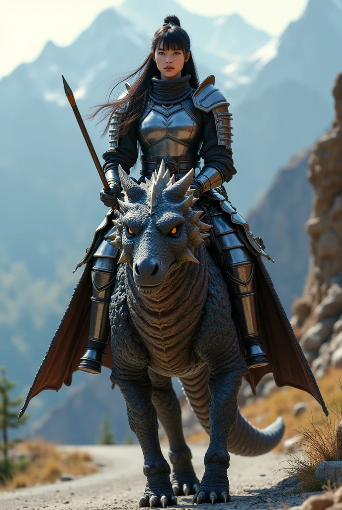  dragon knight 、 Japanese、woman、18 years old、 with long black hair 、 with her bangs aligned above her eyebrows 、 riding on the back of a bipedal dragon、 equipped with iron breastplates 、 equipped with steel shoulder guards 、Equipped with steel hand armor 、 wearing steel leg guards 、 wearing steel face guards 、 equipped with lances 、 in the background is a mountain road 、