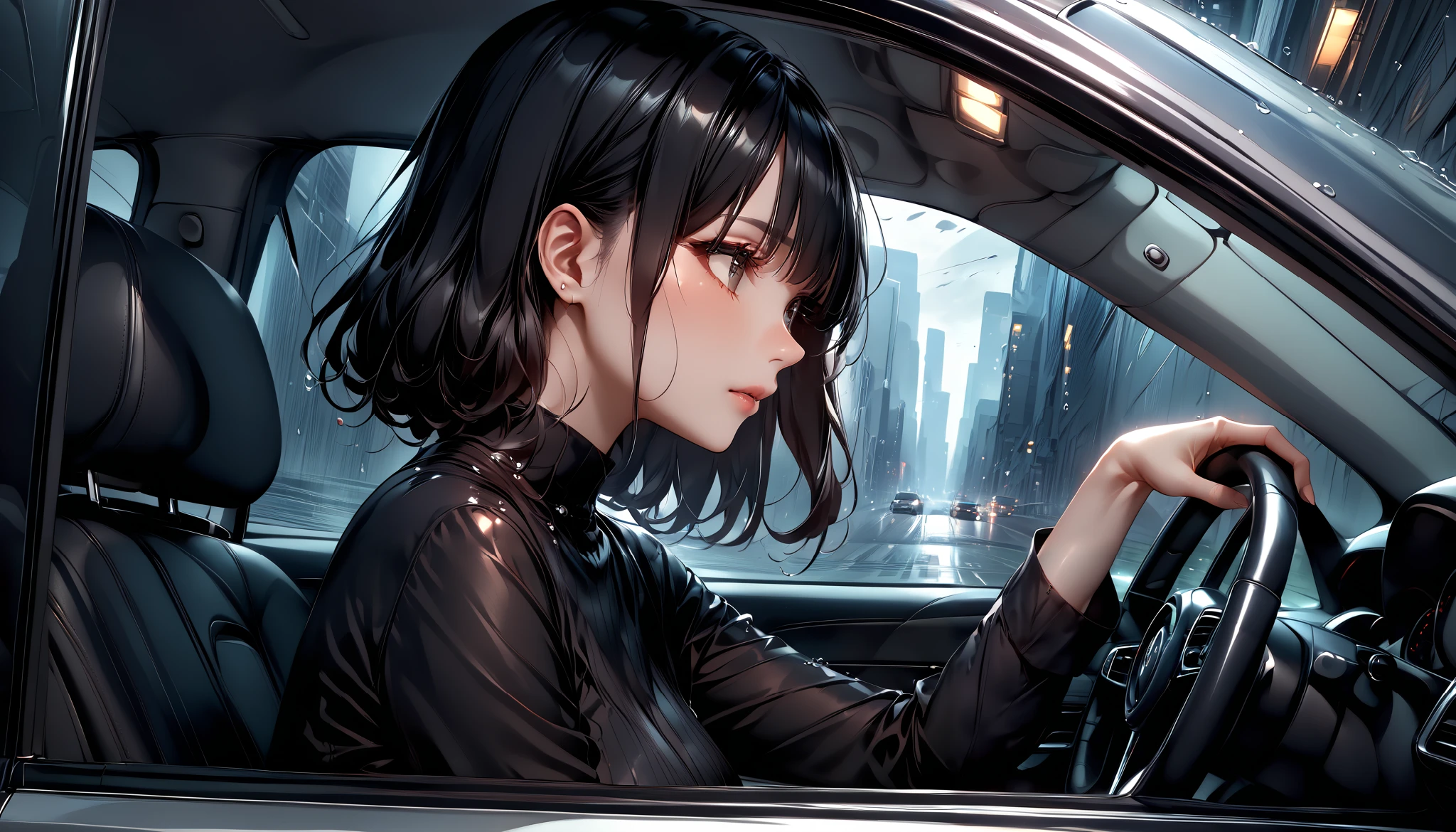 a woman inside a standard car, viewed from a side angle. She is wearing an all-black outfit, looking elegant and reflective, with both hands on the steering wheel. The background shows a rainy city in the afternoon, with raindrops on the windows and blurred city lights outside. The focus is on her thoughtful expression, with a cozy and reflective atmosphere inside the car."
