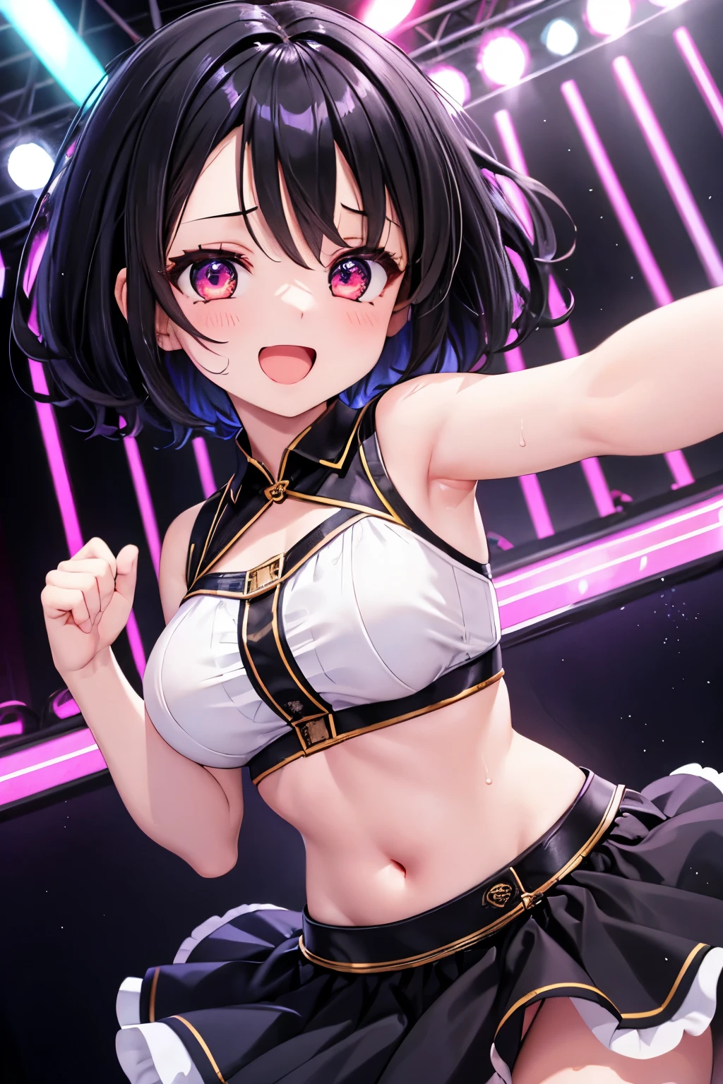 <lora:sunazuka akira:1>,sunazuka akira, 1girl, brown_eyes, black_hair, hair_between_eyes, long_hair, open_mouth, twintails, medium breasts, bangs, belt, bracelet, chain-link_fence, choker, closed_eyes, earrings, fence, grin, halftone, halftone_background, jewelry, polka_dot, polka_dot_background, skirt, smile, solo, sparkle, unmoving_pattern