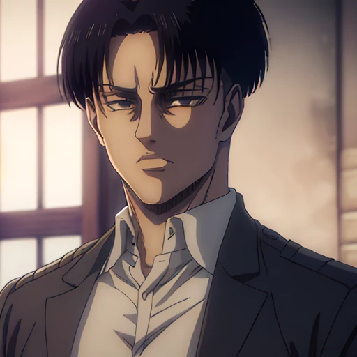 (best quality,4k,8k,highres,masterpiece:1.2),ultra-detailed,(realistic,photorealistic,photo-realistic:1.37), Levi Ackerman ,male , mappa art style

"Levi Ackerman from Attack on Titan,he white . He has short black hair styled neatly, sharp angular facial features, and piercing dark gray eyes

Frange Rideau, Frange Rideau, Cheveux Courts, Cheveux Noirs, shirtless, arms muscles, six packs ،Smiley ,Pupilles Brillantes, Respiration Lourde, sans expressions, opend blue shirt that reveals his six packs ,  only black pants setting on bed  in a wooden house , at night , thinking , sad , wearing black pants 